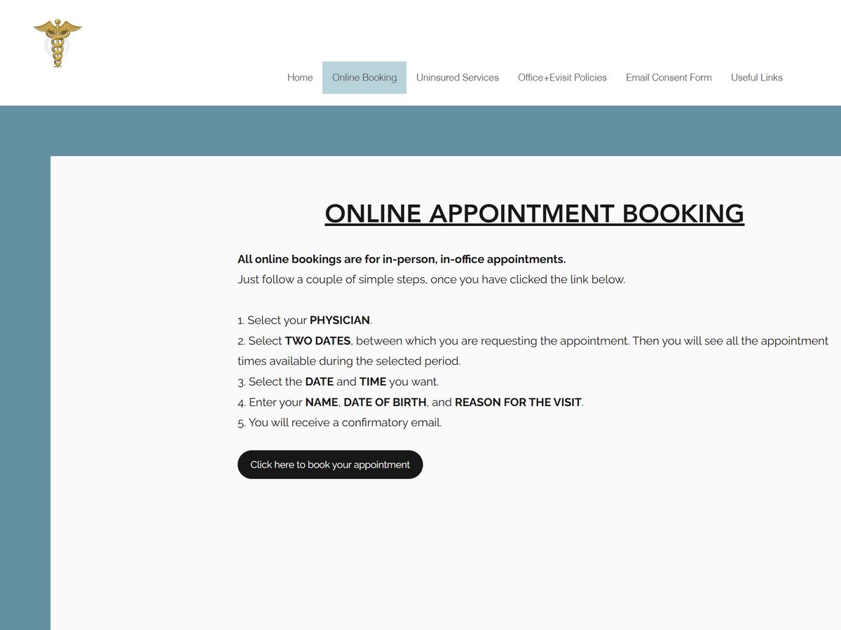 Screenshot of the Midtown Medical website's Online Appointment Booking page, with the site navigation and step-by-step booking instructions.