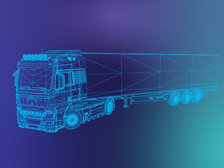 A glowing blue wireframe render of a transport truck and trailer on a purple-to-teal gradient.