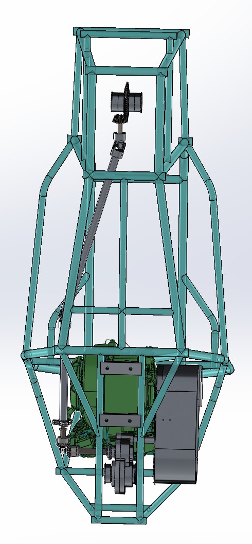 Bottom view of the frame CAD: the engine and gearbox at the bottom of the image, with the drive shaft leaving from one side and angling across the frame to the front differential on the centreline at the top.
