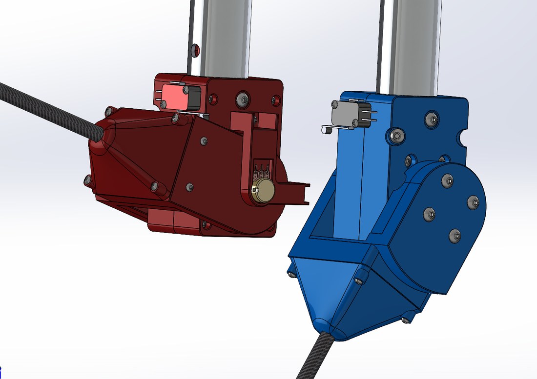 CAD render of the left and right elbow assemblies in red and blue, showing the gear motor, a limit switch, a potentiometer, and the carbon fiber forearm tube.