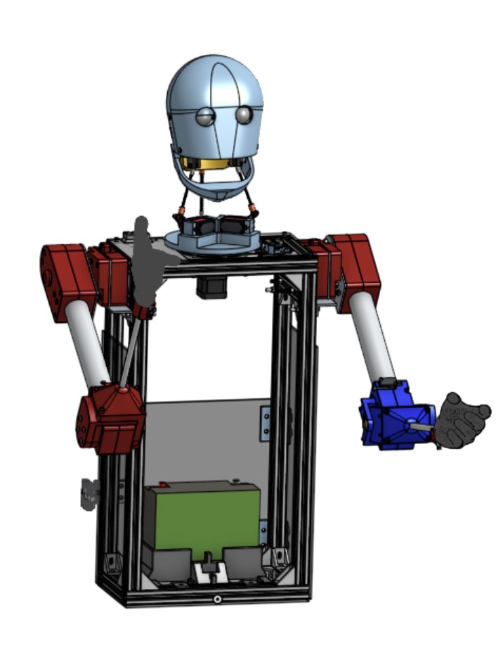 Full CAD render of the Baker Bot showing the head, torso frame, battery, control boards, and both red and blue arm assemblies.