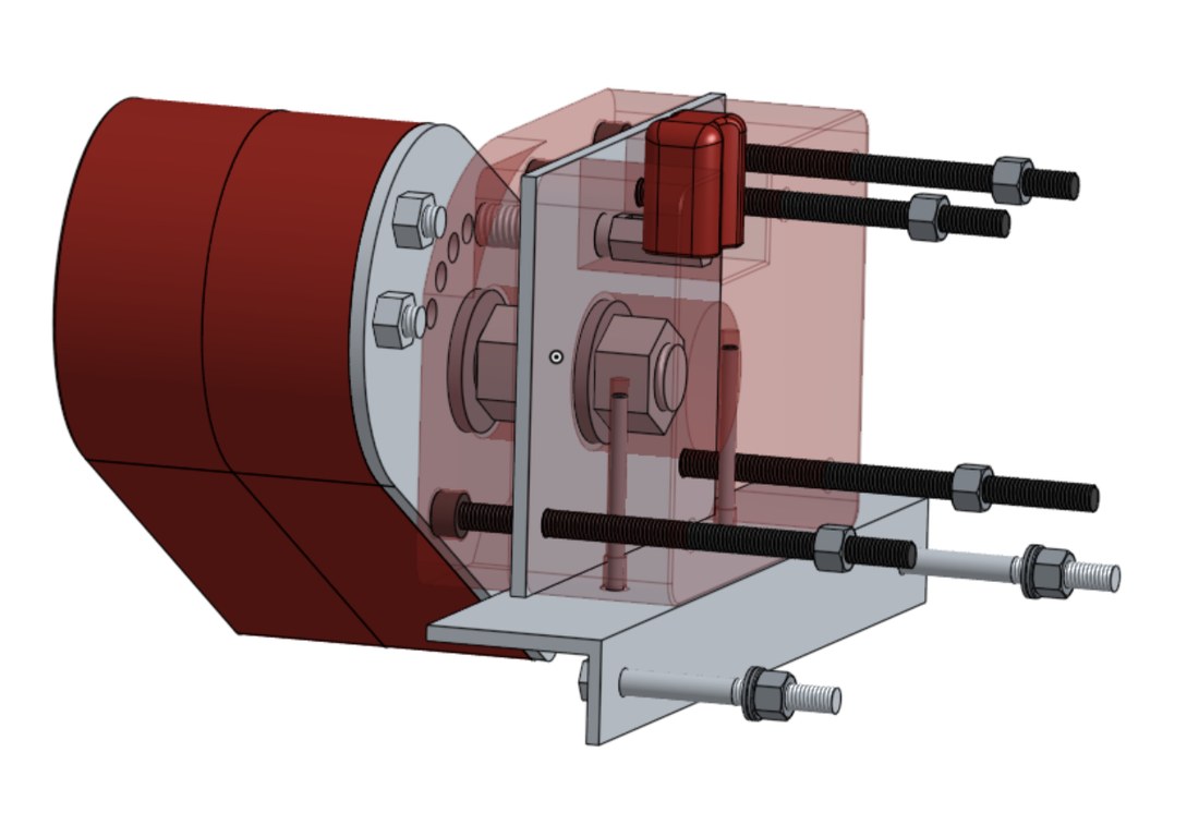 Transparent CAD render of the shoulder pivot, showing the central mounting bolt, internal plates, tie rods, and indexing hardware.