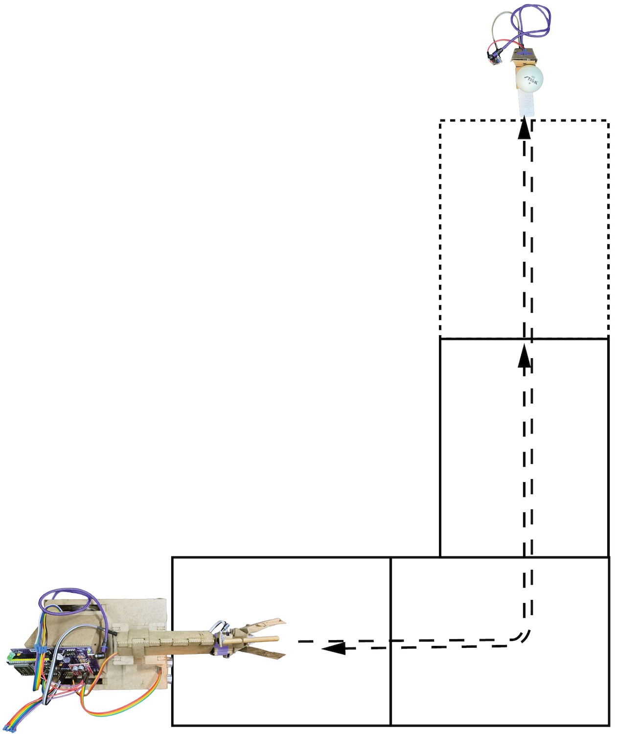 Course diagram: the robot starts at the bottom left, drives right across two sheets of paper, turns 90 degrees, and drives up across a third sheet toward the IR beacon holding a ping pong ball, then returns along the same path.