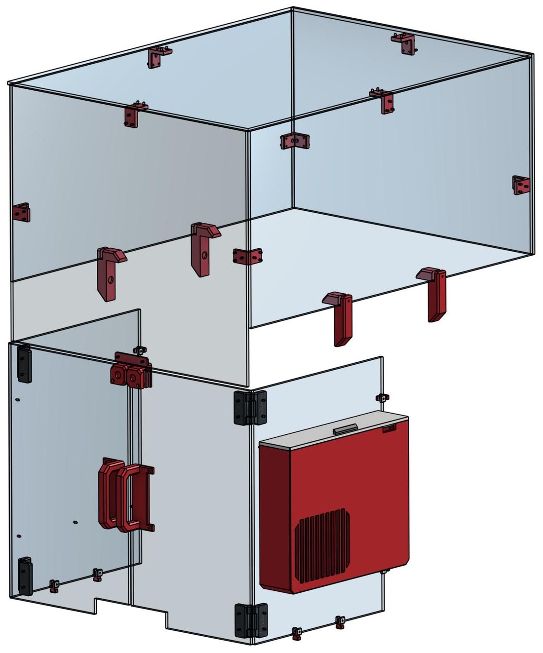 CAD assembly of the enclosure: clear acrylic panels held together by red 3D printed brackets, with black printed hinges on the front doors, a printed handle, and the red filtration unit mounted on the lower right panel.