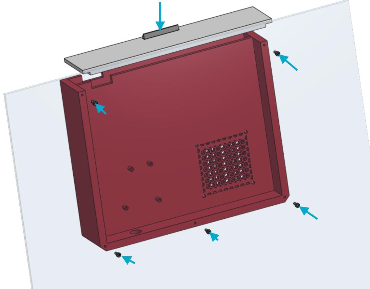 CAD render of the red printed filtration housing with its grey lid lifted off, showing the fan grille and the mounting screws that fasten it to an acrylic panel.
