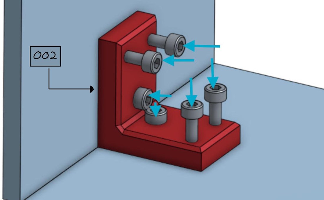 CAD detail of a red printed L-shaped bracket joining two acrylic panels at ninety degrees, with six screws inserted from the inside.
