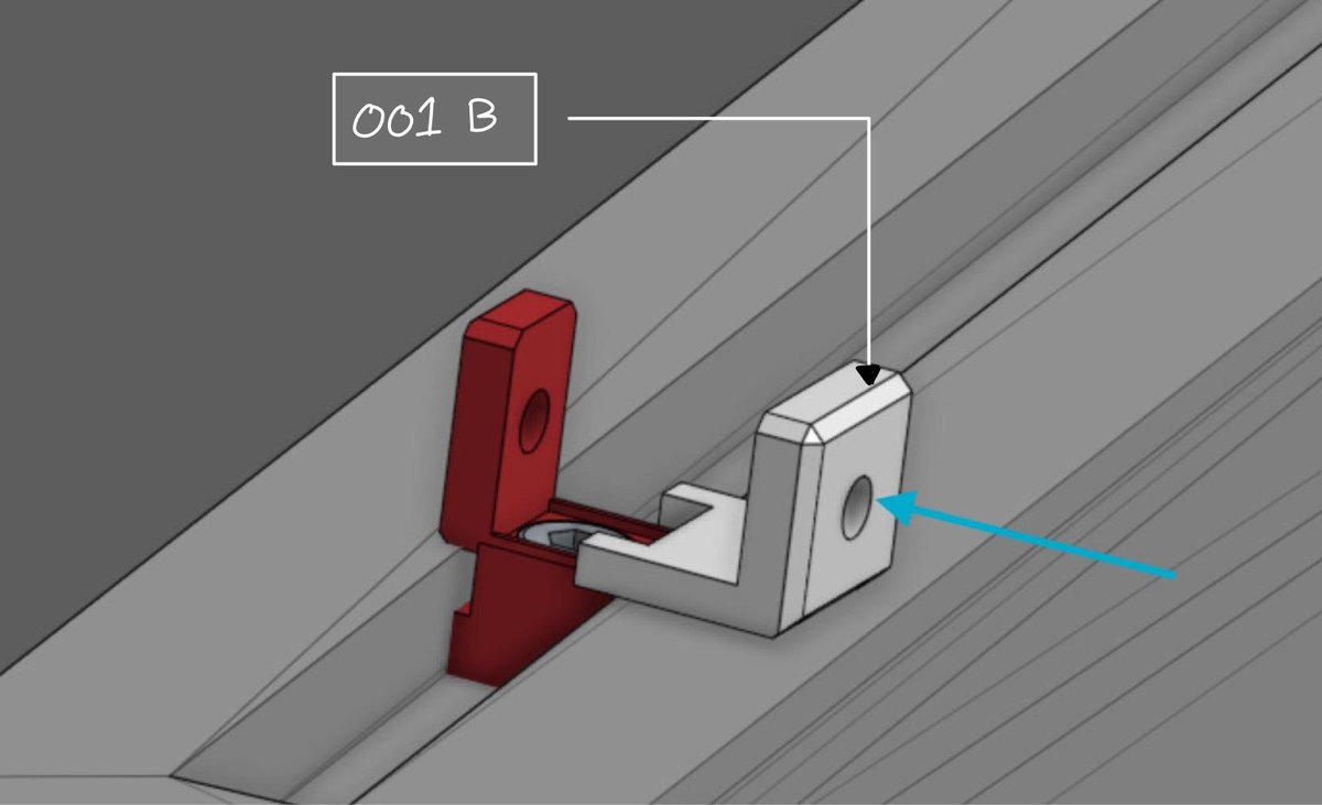 CAD detail of the two-piece T-slot integrator: a red printed piece seated in the aluminum extrusion channel and a white printed piece clamping from the outside, with a screw drawing them together.