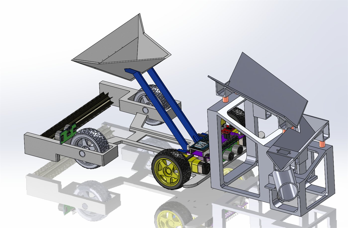 SolidWorks render of the complete system with the scoop raised on its blue lift arms above the sorting station, ready to dump, with the rotary brush at the front of the robot and the sorter frame at the right.