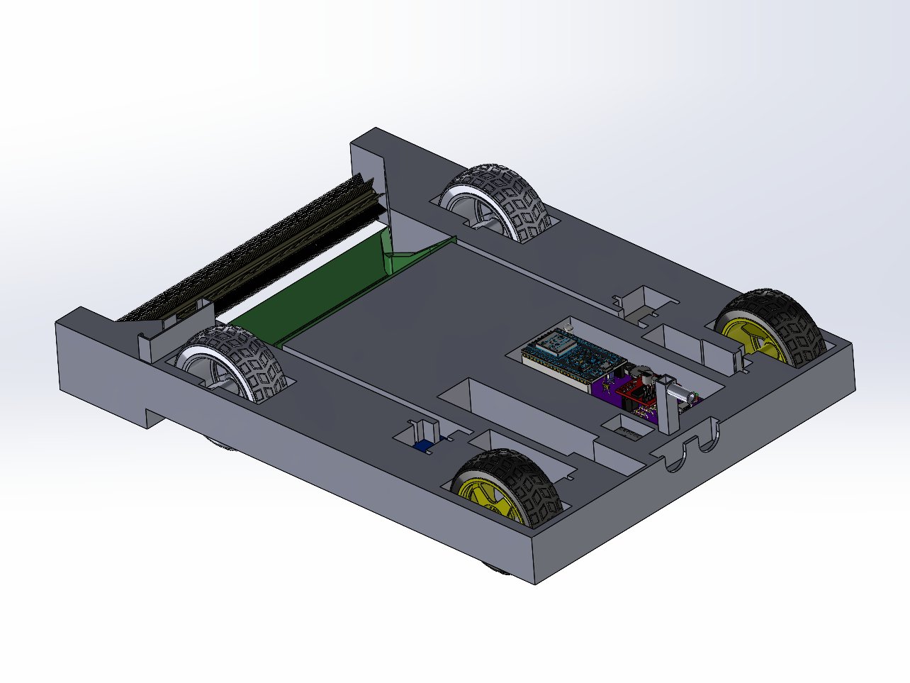 Early SolidWorks render of the scavenger: a flat open printed deck on four wheels with a fixed ramp, a brush bar across one end, and the control board sitting exposed on the deck.