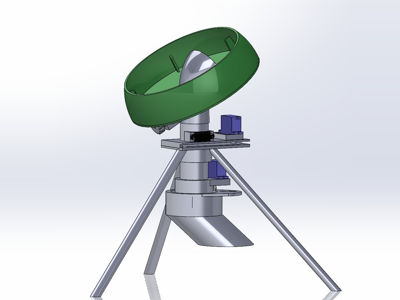 Early SolidWorks render of the sorting station: a large tilted green funnel bowl with an internal cone, driven from below and held up by a tripod stand.